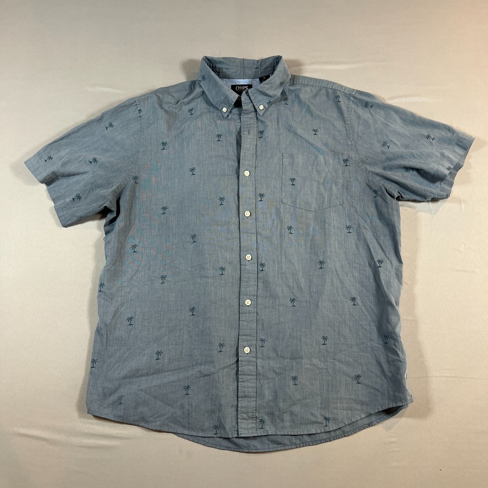 Chaps Shirt Mens Extra Large Gray Palm Tree Print Easy Care Cotton Button Down